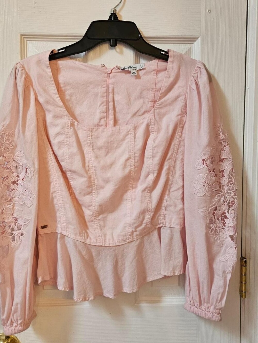 Sam Edelman Light Pink Lace-Sleeve Peplum Blouse